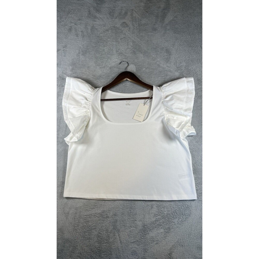 A NEW DAY Women's XL White Square Neck Ruffle Y2K BOHO CLEAN GIRL Cropped NWT